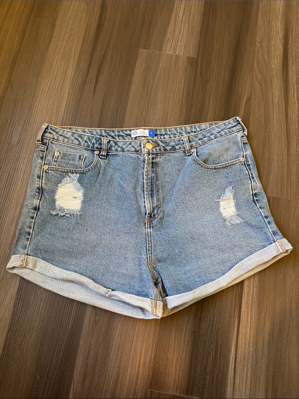 High-Rise Distressed Rolled Hem Denim Shorts - Light Blue